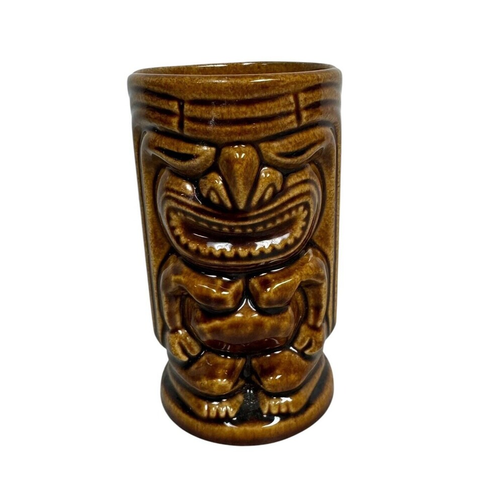 Vintage Brown Ceramic Glazed Tiki Mug Double Sided 5" Cup Vase Décor